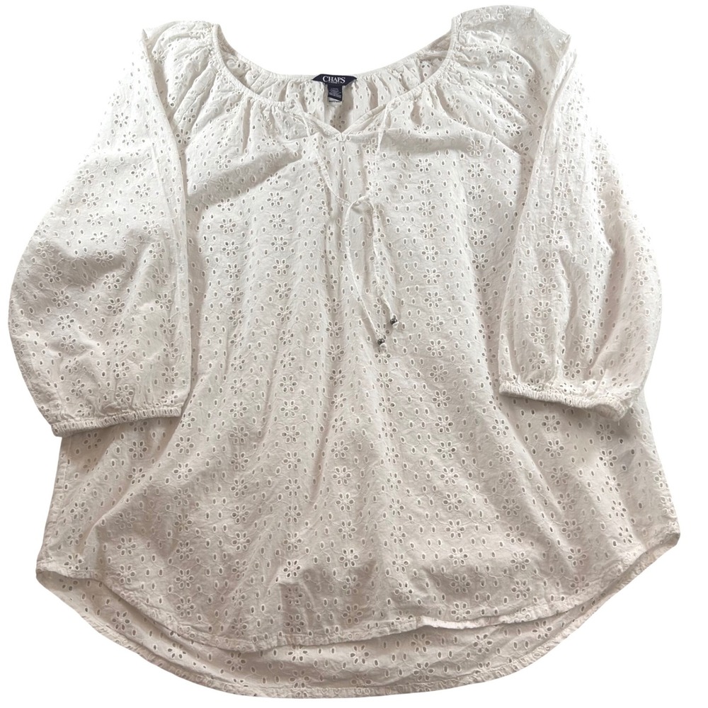 Chaps Denim Womens White Cotton Eyelet Floral Peasant Blouse 3/4 Sleeve Large